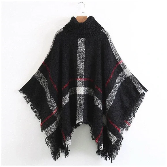 SOLD OUT CLEARANCE Plaid Turtleneck Cape Poncho Knit Sweater - Picture 5 of 7